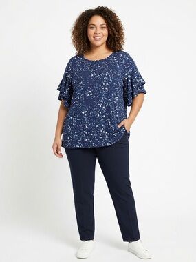 Apt. 9 Navy Blue Short Sleeve Top with Teal and White Speckle Print